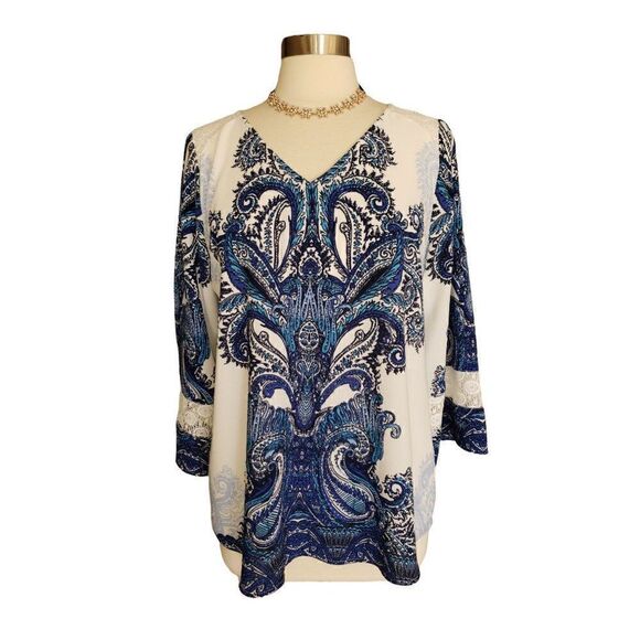 Women's Tunic Lg Lace V-Neck 3/4 Sleeve  Blouse Blue Paisley Top Large NWOT - Picture 3 of 7